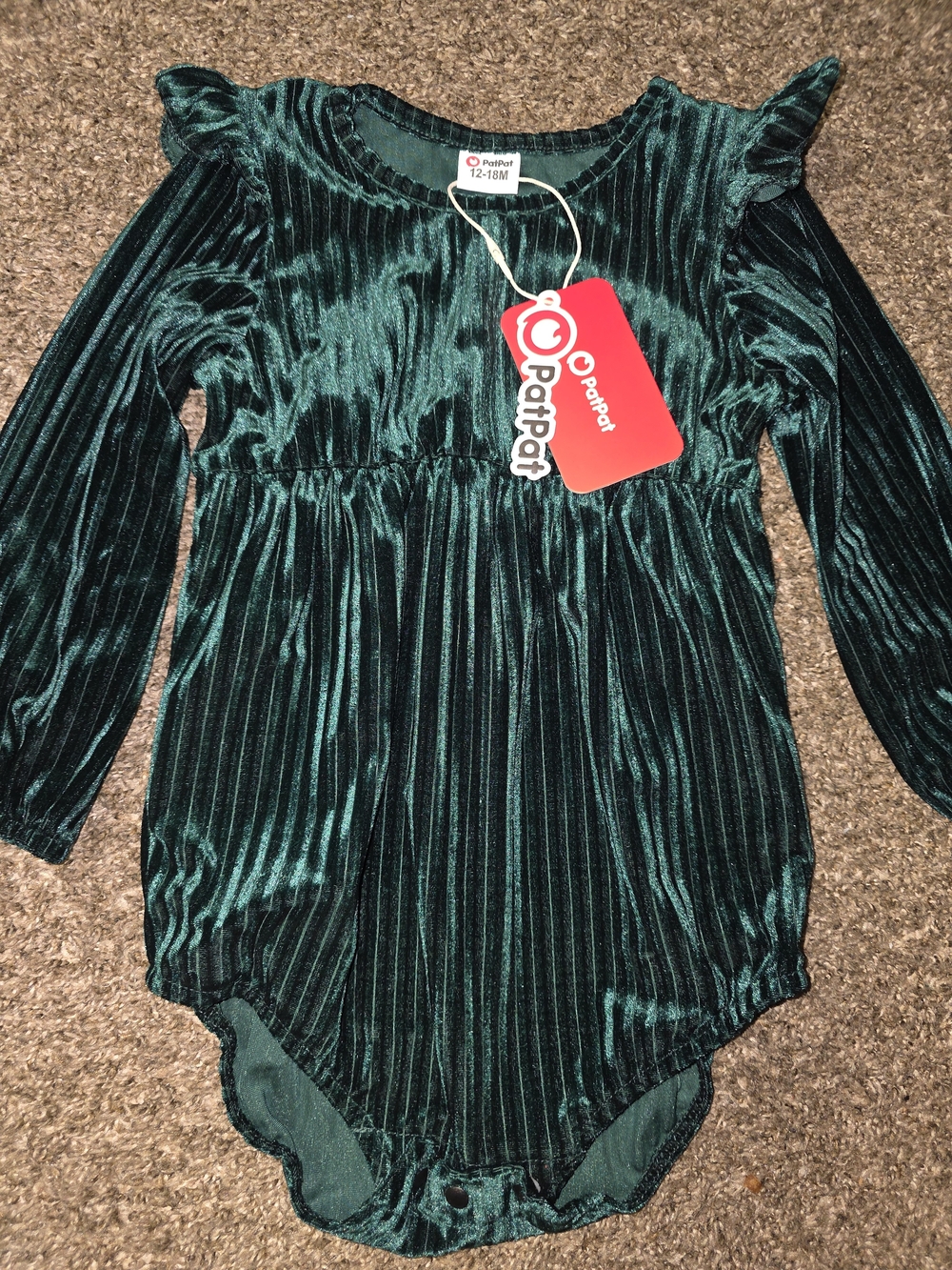 PatPat Girls' Emerald Green Velvet Long-Sleeve One-Piece. Size 12-18M